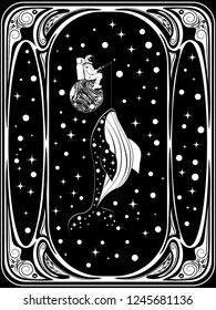 Outer space background with fishing spaceman and whale, abstract illustration.