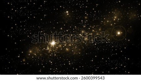 Outer space background with glowing bright stars, sparkling stardust, nebula clouds. Abstract astronomy galaxy illustration with golden lights, shining stellar objects on black sky. Science texture.