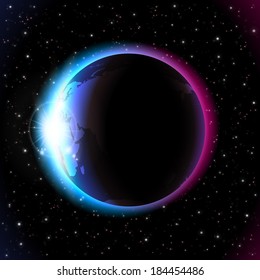 An outer space background with a planet, sky and stars. Layered.