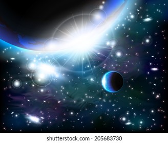 An outer space background with a planet, sky and stars. Layered.