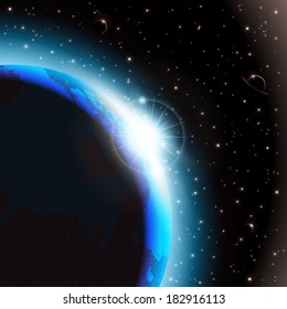 An outer space background with planets, sky and stars. Layered.