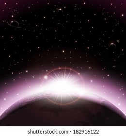 An outer space background with planets, sky and stars. Layered.