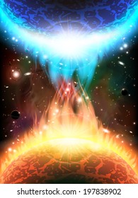 An outer space background with planets, sky and stars. Layered.