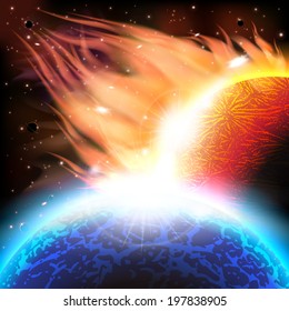 An outer space background with planets, sky and stars. Layered.