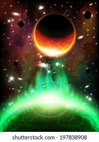 An outer space background with planets, sky and stars. Layered.