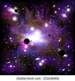 An outer space background with planets, sky and stars. Layered.
