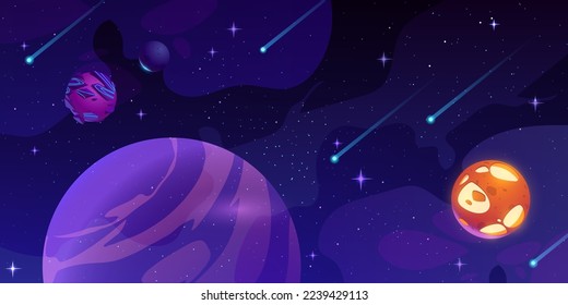 Outer space background with planets and stars. Cartoon vector illustration of cosmic objects on dark blue, meteors, asteroids, alien globes flying in starry sky. Fantasy galaxy for computer game