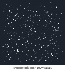 Outer space background. Scattered stars, planets and comets. Vector illustration.