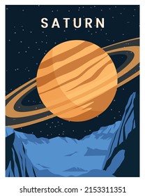 Escenas de fondo en el espacio exterior con planeta saturn, estrellas. Ilustración vectorial de la galaxia. afiche, tarjeta en estilo de ciencia ficción.