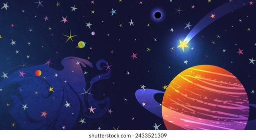 Fondo del espacio exterior con estrellas brillantes, planetas y un agujero negro. Fondo de pantalla gráfico lindo para los niños, cosmos abstractos y patrón de astronomía. Ilustración vectorial para niños.