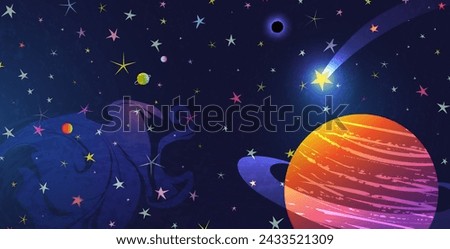 Outer space background with shiny stars, planets and a black hole. Cute graphic wallpaper for children, abstract cosmos and astronomy pattern. Vector illustration for kids.