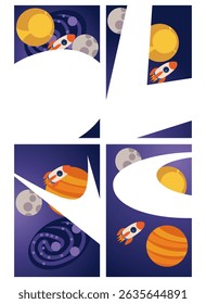 Outer space background with stars, planets, and meteorites. Cartoon cosmos landscape backdrop.