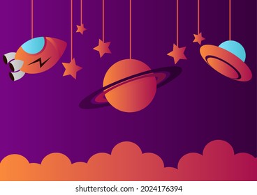 outer space background with uvo, saturn planet, rocket and scattered stars with gradient technique