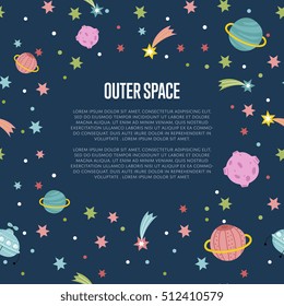 Outer space banner. Cartoon cosmic background. Vector galaxy with star, planet, asteroid, meteor, comet on dark universe space illustration. Starry layout cover for kid book, diploma, certificate