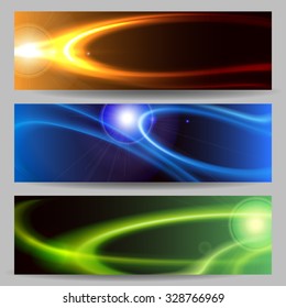 An outer space Banner or header set. Cosmic glowing objects with flare effects and copy space for text.