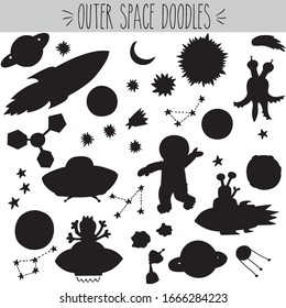 Ilustración de forma negra en el espacio exterior. Esbozo de astronauta, alienígena y OVNI. Estrellas, planeta Saturno, constelaciones y doodles cometas. Asteroides, naves espaciales, conjunto de cohetes. Luna, sol, cosmos, galaxia y satélite.