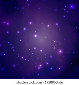 Outer space with bright shiny stars, blue and purple glow background.