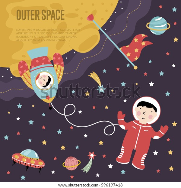 Outer space cartoon landing page template.\
Rocket with astronaut on moon, man in spacesuit in space, stars,\
planets, flying saucer vector\
illustration.