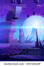 Äußeres Raumkartoon-Poster mit außerirdischer Planetenoberfläche, futuristische Landschaft, Hintergrund mit neonfliegenden Felsen in violettem Himmel. Virtuelles Abenteuer, wissenschaftliche Entdeckung, Fantasy-kosmischer Vektorweb-Banner