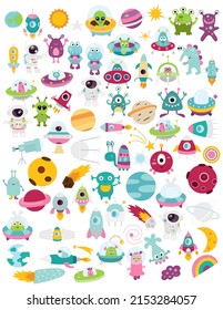 Outer Space cartoon set – Astronaut, Aliens, Spaceship, Flying saucers, Planets isolated on white background.  Vector illustration.