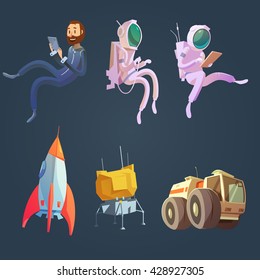 Outer space cartoon set with spaceship and astronautics symbols isolated vector illustration 