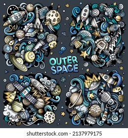 Outer Space cartoon vector doodle designs set. Colorful detailed compositions with lot of Cosmos objects and symbols. All items are separate