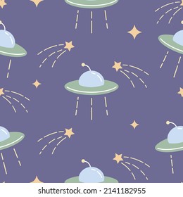 Outer space cartoon vector seamless pattern. Colorful geek style repeating texture for apparel, textile design. Cool vector background. UFO flying saucer, shooting star on soft violet background