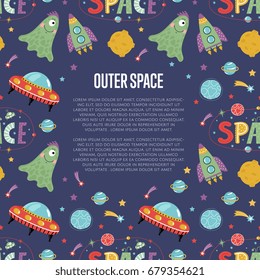 Outer space cartoon web banner. Funny jelly alien, flying saucer, rocket, stars, planets, comets, moon, letters collage text vector illustrations on blue background.