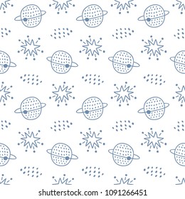 Outer Space childish seamless pattern with stars, planets, cosmic elements. Creative scandinavian nursery background for kids apparel, textile, fabric, wrapping paper, wallpaper. Vector illustration