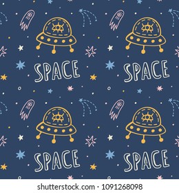 Outer space childish seamless pattern with ufo, stars, comets, cosmic elements. Creative vector scandinavian nursery background for kids apparel, textile, fabric, wrapping paper, wallpaper.