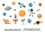 Outer Space Collection of Planet, Spaceships and Astronaut on White