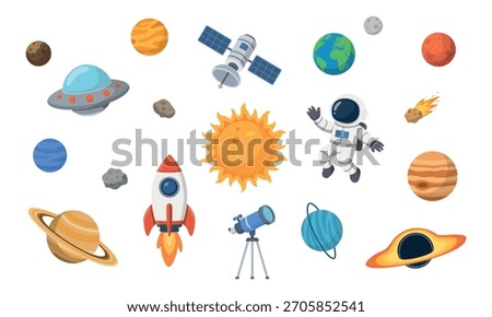 Outer Space Collection of Planet, Spaceships and Astronaut on White