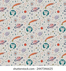 Outer space colorful background. Seamless pattern with astronomy symbols.  International day of human space flight. Doodle style vector illustration for kids.