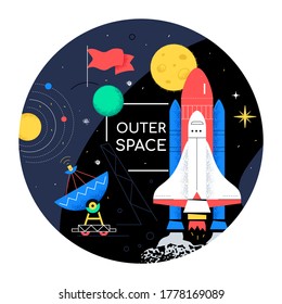 Espacio exterior - colorido banner de diseño plano estilo web. Ilustración con lanzadera, radiolocalizador, luna, banderas, sistema solar. Planetas, imágenes de estrellas. Trayecto cósmico, exploración y aventura