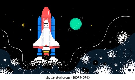 Outer space - colorful flat design style illustration on black background. A composition with a shuttle and Uranus. Planets, stars images. Cosmic journey, exploration, astronomy and adventure idea