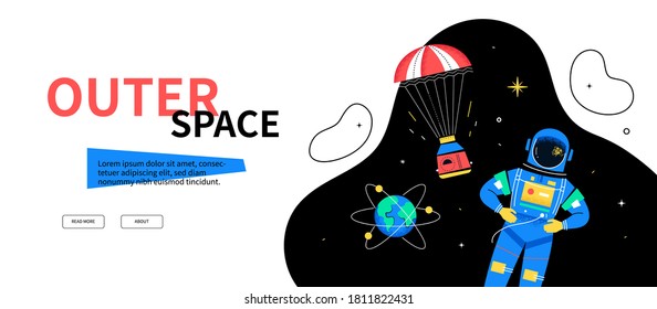 Outer space - colorful flat design style web banner with place for text. An illustration with an astronaut in a spacesuit, capsule, orbit. Galaxy, cosmic exploration, infinite universe and astronomy