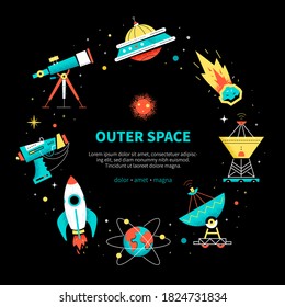 Outer space - colorful flat design style web banner with copy space for text on black background. Illustration with a telescope, meteorite, orbit, rocket, satellite dish. Galaxy, cosmic exploration
