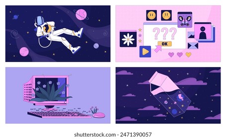 Outer space and computer technology lofi wallpaper set. Dreams and fantasy visualization 2D cartoon flat illustration pack. Abstract scenes chill vector art, lo fi aesthetic colorful background