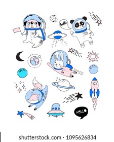 Outer Space concept illustration. Cute animals astronauts in helmets, creative nursery designs, perfect for kids room, fabric, wrapping, wallpaper, textile, apparel