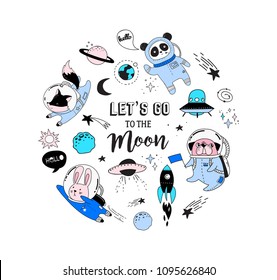 Outer Space concept illustration. Cute animals astronauts in helmets, creative nursery designs, perfect for kids room, fabric, wrapping, wallpaper, textile, apparel