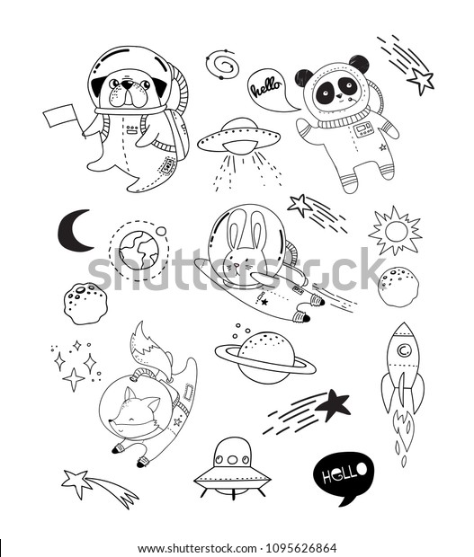 Outer Space Concept Illustration Cute Animals Stock Vector