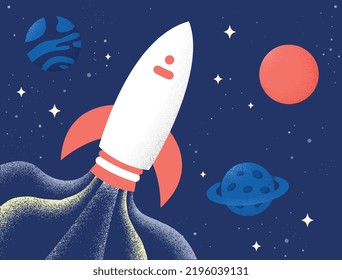 Outer space concept. Rocket in galaxy or universe, cosmos exploration, astronomy and astrology. Poster or banner for website. Travel and adventure, spaceship. Cartoon flat vector illustration