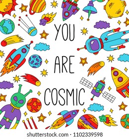 Outer space cosmic doodle icons decorative collection banner template