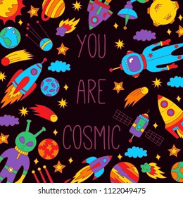 Outer space cosmic doodles banner vector template