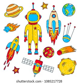 Outer space cosmos colorful childlike  colored line doodle icons set