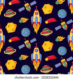 Outer space cosmos rocket planets satellite asterouid colorful doodle seamless vector pattern