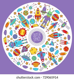 Outer space cute colorful doodle icons round frame