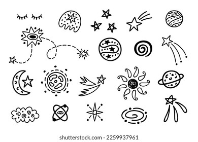 Outer Space cute cosmic hand drawn doodles set. Cartoon elements collection. Planets, stars, comet, constellations background. Astronomy kids drawing. Galaxy Vector illustrations Sketchy objects.