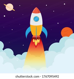 Outer space design with rocket illustration and galaxy background