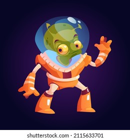 Outer space and distant galaxies dweller and creature, alien wearing suit with helmet protecting from pressure. Vector cartoon character personage from other universe, martian in mission waving hand